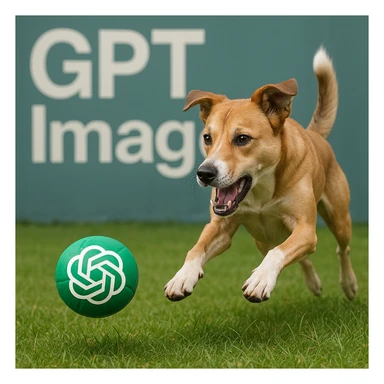  logo of chat gpt with text "GPT Image" on the background of a dog chasing ball, realistic image sticker