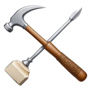 Carving icon, stone, bone, and horn with detailed patterns, carving tools like chisel, awl and hammer, minimalistic style, clean lines, transparent background. sticker