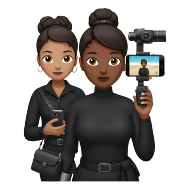 middle aged, plump woman photographer with dark hair, slicked back in a bun, wearing black clothes, carrying a canon r5, and an iPhone on a gimbal sticker