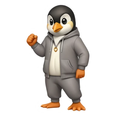 friendly anthropomorphised penguin wearing a mafia-style tracksuit, secretive scheming pose, angry expression, stomping while walking, holding a knuckle duster sticker