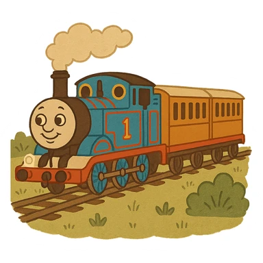Thomas the Tank Engine pulling Annie and Clarabelle, classic blue train with friendly face, two orange and cream coaches, cheerful, vibrant, suitable for children, no text sticker