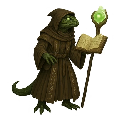 Add a floating magic book to the lizard man wizard, keeping the fantasy magical style. The image should have no background. sticker