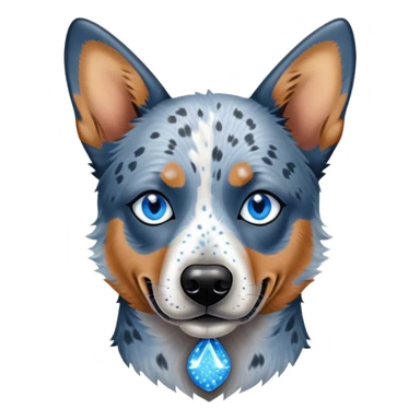 Cinematic Noble Blue Speckle Australian Cattle Dog Portrait Emoji, Poised and regal, with a robust, athletic build and a striking blue speckle Fur, piercing blue eyes, Simplified yet sharp and sophisticated features, highly detailed, glowing with a cool, dignified glow, high shine, intelligent and hardworking, stylized with an air of precision, focused and attentive, soft glowing outline, capturing the essence of a watchful and determined herder, so majestic it feels as though it could leap out of the screen with effortless authority! sticker