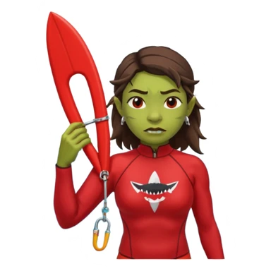 orc female in rescue tube, scanning horizon. Rash guard, shark tooth necklace sticker