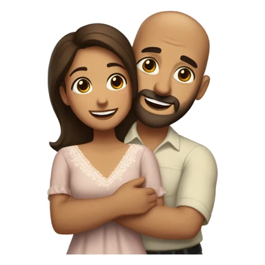 Brown-haired Puerto Rican woman with dark brown eyes wearing a cute blouse giving a comforting hug to a short, bald man with brown eyes, laugh lines, and a beard sticker