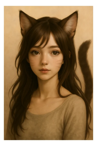 Add more cat-like features including prominent cat ears, whiskers, feline nose, and a fluffy tail, in a realistic anime style. sticker