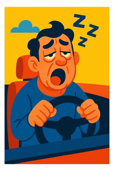 a man feeling drowsy while driving, cartoonish style sticker