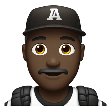 dark skin, goatee, brown eyes, black baseball cap sticker