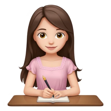 pretty smiling long brunette hair girl with hazel eyes wearing light pink dress writing sticker