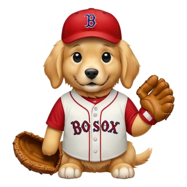 Yellow golden retriever in a Red Sox uniform with a baseball glove sticker