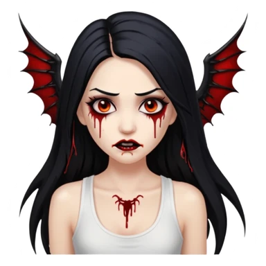 White woman with a white tank top long black hair glossy middle part long hair vamp look with fangs or blood dripping brown eyes eyeliner winged with lashes top and bottom sticker
