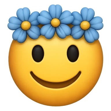 yellow face with blue flower crown emoji, digital illustration, remove background sticker