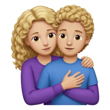 a mother with blond curly long wearing purple hugging his son with brown hair wearing blue and like saying its okay sticker