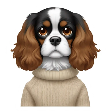 Black, white, and brown King Charles Cavalier with a beige winter sweater sticker