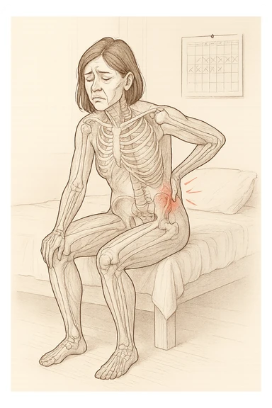 a woman in her 30s sits on the edge of her bed in the morning, holding her lower back with a pained expression. Subtle visual cues, like uneven shoulders or hips, hint at postural asymmetry. The room is softly lit, and a calendar on the wall shows months crossed off, symbolizing chronic pain over the years. vista anatomicamente sticker