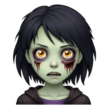 girl zombie with black medium-long shaggy emo hair, dark and spooky, creepy expression sticker