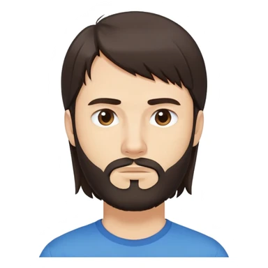 Caucasian Argentine man with long straight dark brown hair, loose hairstyle with bangs, shoulder-length hair, short full beard, serious-neutral expression, basic blue t-shirt sticker