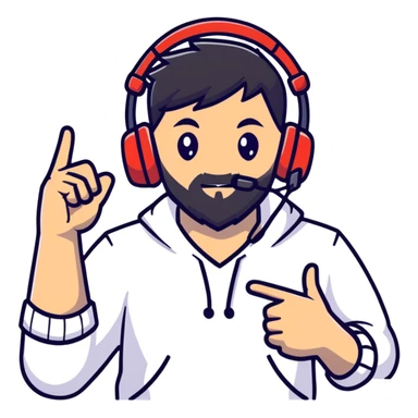 Anime style man with black hair, brown eyes, and black beard wearing gaming headset and making a bravo gesture, anime character design sticker