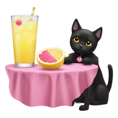 A dog drinking pink lemonade with a black cat sticker