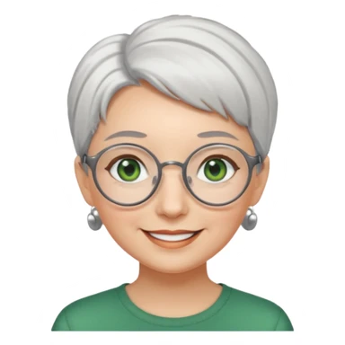 visage femme a lunettes ronde avec cheveux courts gris-blancs aux yeux verts qui souris sticker