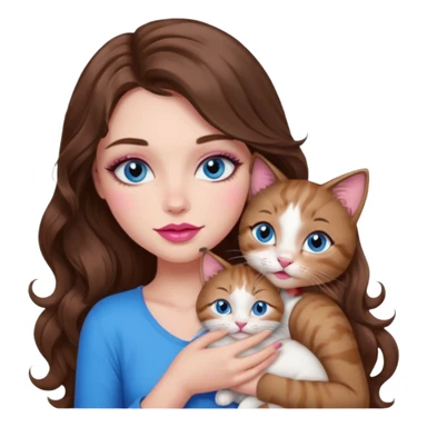 girl with long wavy brown hair, blue eyes, long lashes makeup, sexy pink lips, cuddling with 6 cats sticker