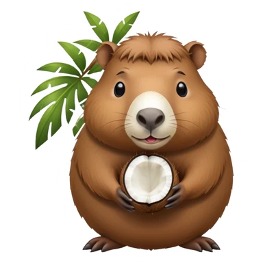 A cute capybara with a round coconut-shaped body, brown and hairy like a coconut sticker