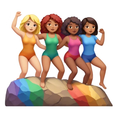 three women of different body types forming human chain, climbing rainbow-colored rock holds sticker