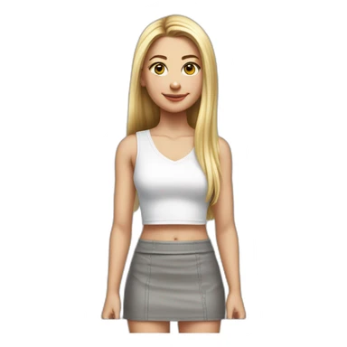 hyperrealist caucasian girl, long straight blonde hair, white v-neck laced crop tanktop, grey tight micro skirt sticker