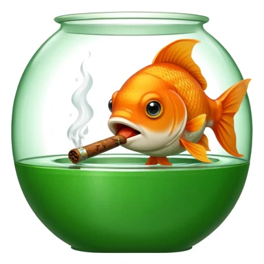 goldfish in a green tank hatch, holding a cigar in its mouth, iOS emoji style sticker