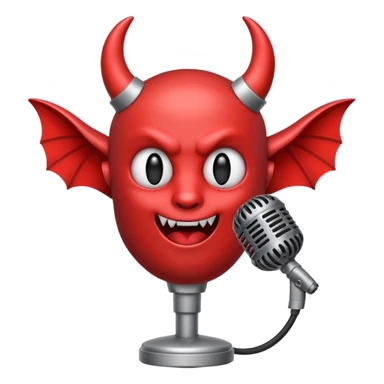 Minimalist emoji-style sticker of a classic retro microphone with small devil horns and a subtle tail wrapping the base. Grayscale with slight red accents.
 sticker
