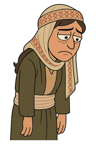Kurdish man or woman in jamadani, cartoon style, feeling disappointed, slouched posture, sad eyes, no text sticker