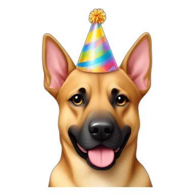 German shepherd tan Pitt bull  mixed dog wearing birthday hat sticker