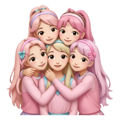 Four girls hugging each other, all wearing soft pink clothes, two with long hair and two with shoulder-length short hair, smiling, with hair accessories like headbands or ribbons, pastel color palette, soft shading, make someone pose with two fingers and someone kisses his cheek sticker