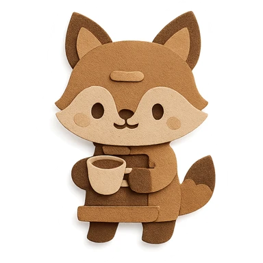 chibi coffee maker-fox hybrid holding a tiny latte cup, soft brown and beige palette, full-body sticker