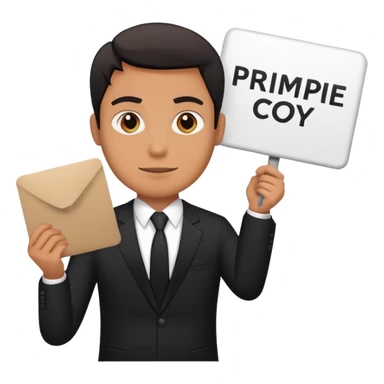 A man in a black suit holds a sign that says PrimeCopy sticker