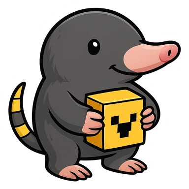Make the character look more like a real mole with a longer nose, small eyes, and mole-like features, still holding a Minecraft gold block. The style should be cartoonish and cute with no background. sticker