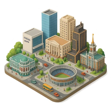 Изометричная миниатюрная фотореалистичная 3D модель Екатеринбурга - Дом Севастьянова, Ельцин-центр, Уральский федеральный университет, дома, Екатеринбург Арена, Штаб-квартира Русской медной компании, Здание Свердловского городского совета народных депутатов, четкие линии, яркие цвета, мультяшный реализм, люди, автотранспорт, компактная композиция, вид сверху в изометрии, прозрачный фон sticker