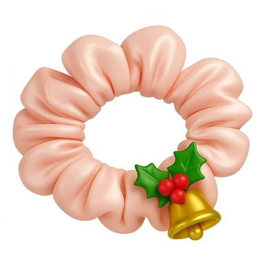 Add small holly leaves and berries next to the Christmas bell charm on the pastel pink silky scrunchie, keep the 3D emoji style and shimmer effect. Remove the background. The original style is 3D emoji style which does not support editing, so use a general style editor while respecting the 3D emoji look. sticker