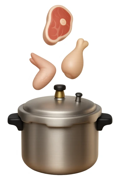 emoji stile iphone in 3d di una pentola a pressione dentro cui cadono agnello, pollo e tacchino crudi da cuocere, iperrealistico 4k sticker