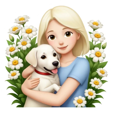 A girl happily hugs a white Labrador among the flowers sticker