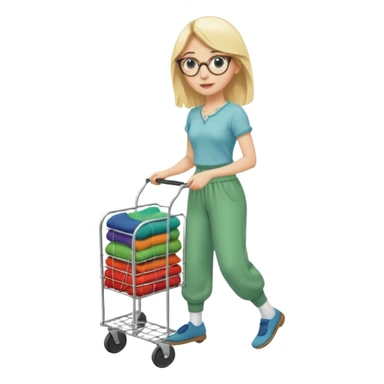 Fille blonde, pantalon d’Aladin vert. Lunettes ronde fine. Elle pousse un bac à roulette remplie de chaussettes  sticker