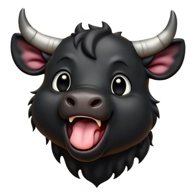 Cinematic Cute Yawning Black Bull Portrait Emoji, Head tilted slightly with a dramatic, wide-open yawn, showcasing a smooth, pure black hide with a subtle texture, floppy ears slightly drooping, round dark eyes barely open in drowsy contentment, Simplified yet irresistibly adorable features, highly detailed, glowing with a soft, cozy glow, high shine, relaxed yet expressive, stylized with a touch of rugged whimsy, bright and endearing, soft glowing outline, capturing the essence of a sleepy yet affectionate guardian, so drowsy it feels like it could charge right out of the screen and curl up for a nap! sticker