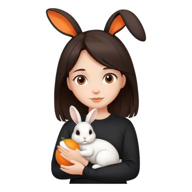 The girl has a dark brown hair. The girl wears a black shirt. The girl has a white rabbit. The rabbit has an orange line in its head sticker