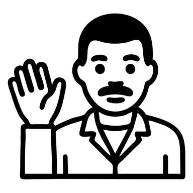 Black man with a mustache waving, wearing a grey jacket, outlined icon style sticker