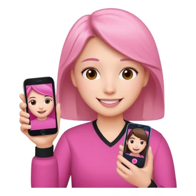 pink video call between one person holding the phone with a person on the phone screen sticker