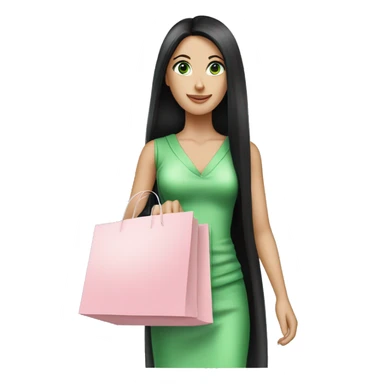 pretty white woman with very long black hair and green eyes and light pink outfit holding a ton of shopping bags sticker