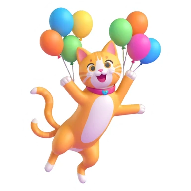 a cat jumping with joy, surrounded by balloons, playful 3D emoji style sticker