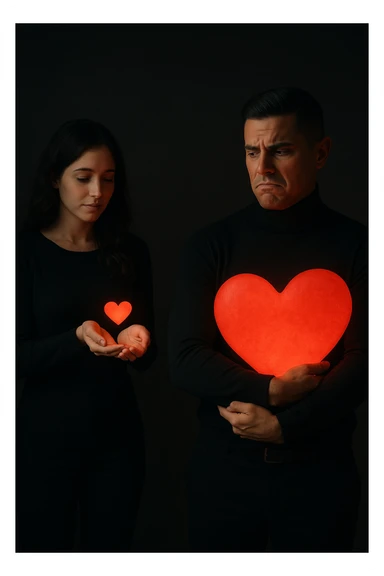 an Italian man in his 30s with olive skin and dark hair stands apart from a woman who offre un piccolo cuore luminoso tra le mani. Lui guarda il cuore con un’espressione triste e insoddisfatta, tenendo tra le braccia un cuore molto più grande e brillante, mentre la distanza tra loro è accentuata da luci soffuse e ombre. sticker