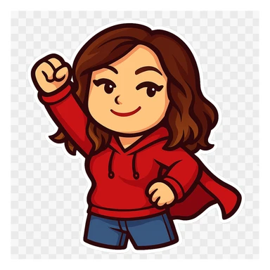 Sticker style chibi emote of the woman from the reference images, wearing a red hoodie and jeans, superhero cape pose, no headband, no sparkles, no wand, transparent background. sticker