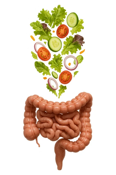 INSALATA CADE VERTICALMENTE SU UN INTESTINO ANATOMICO REALISTICO, iperrealistico 4k, ISOLATA SU SFONDO BIANCO sticker